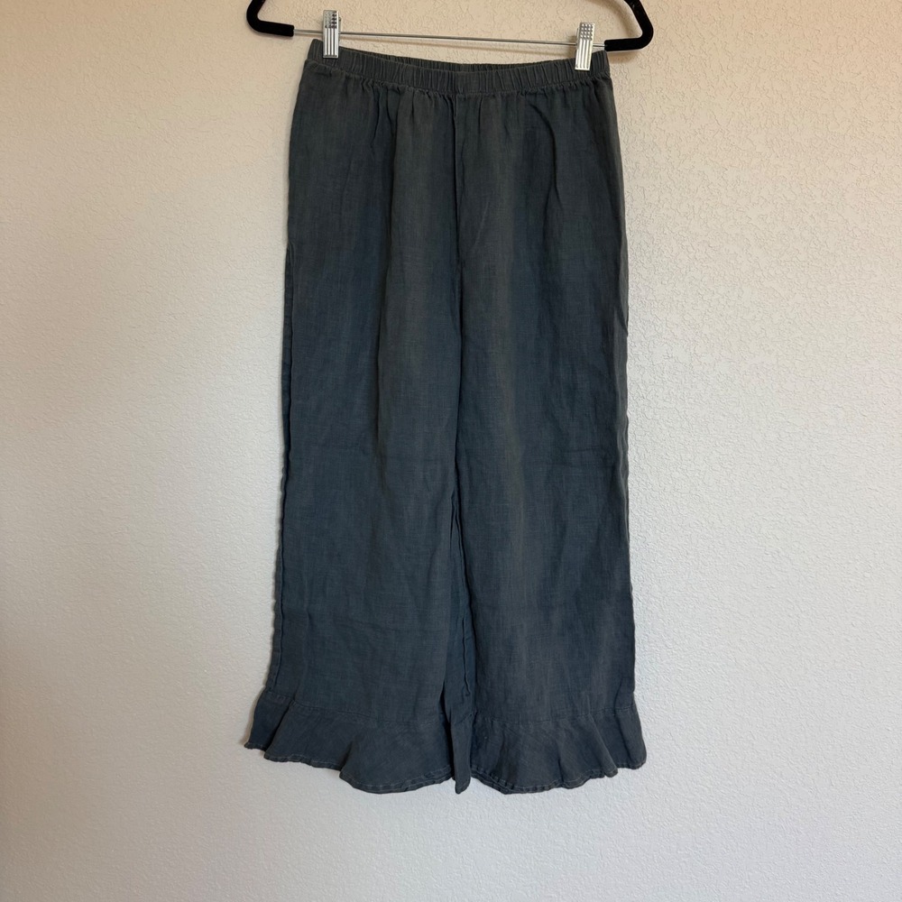 FLAX Womens Linen Wide Leg Ruffle Hem Pants Gray Sustainable Hippie Cottage Crop